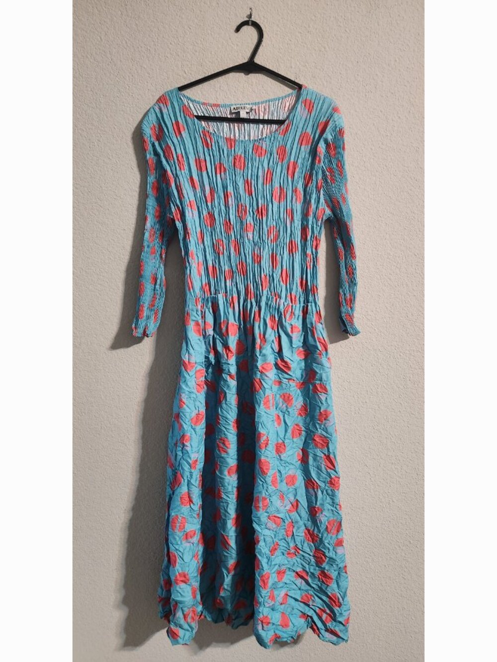 Alquema 3/4th Sleeve Smash Dress “Aqua Eclipse” Crinkly pockets midi sz 1 (US 6)